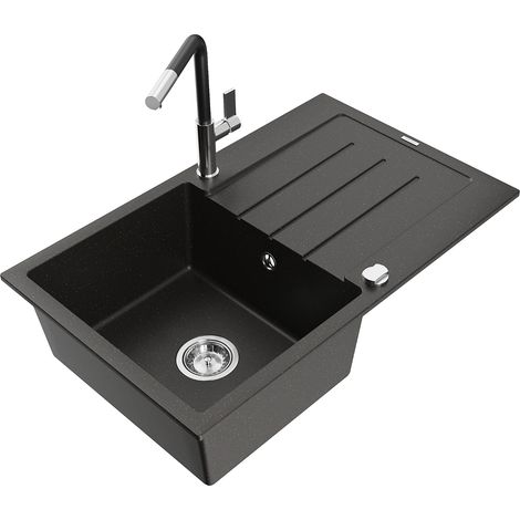 Mexen Bruno 1 Becken-Granitspüle mit Abtropffläche und Mischbatterie Flora, Schwarz/Gold metallisch (1/5)