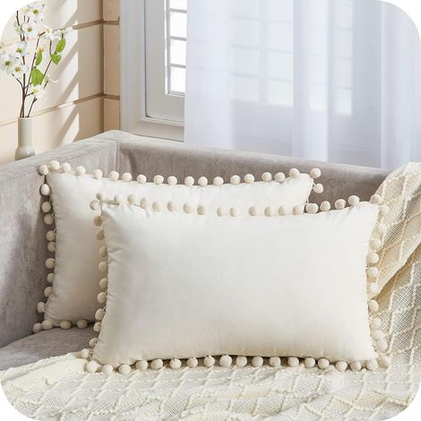 Housse Coussin 30x50 cm Blanc Crème Decoration Salon Moderne pour Coussin Lombaire de Canape Chaise Fauteuil Bureau Café en Velours Doux Lot de 2 (1/5)