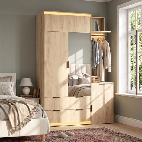 MODFU – Armadio guardaroba 135x47x200 cm in MDF con specchio, LED, 2 appendiabiti, 5 cassetti e carico 30/20 kg – Rovere (1/5)