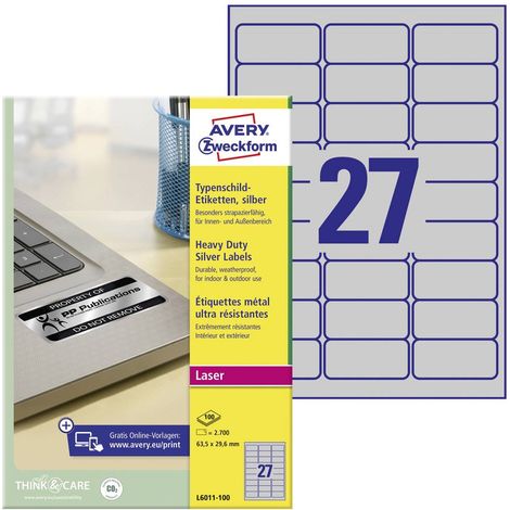 Avery-Zweckform L6011-100 Etiquette plaques signalétiques 63.5 x 29.6 mm film de polyester argent 2700 pc(s) fixation p (1/4)