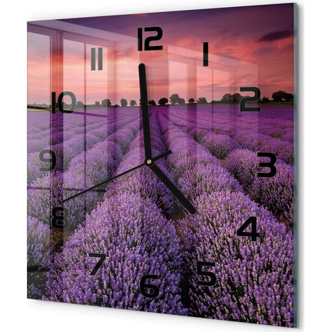 Horloge Murale Carrée Moderne en Verre Trempé Silencieuse Maison Bureau Champ de lavande 30x30 cm (1/5)