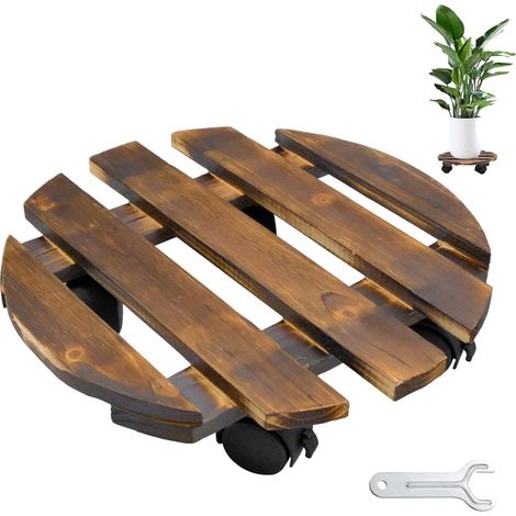 Porte Plante a roulettes, Supports de Pots de Fleurs à roulettes en Bois 30 cm avec roulettes Pivotantes et Verrouillables, Rond Plateau Roulant pour Plantes Interieur Extérieur (1/5)