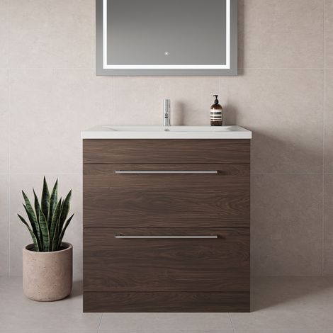 Napoli 460 Brown Oak 800mm 2 Drawer Vanity Unit with Glide Basin - 800mm - Chrome 480mm Handle