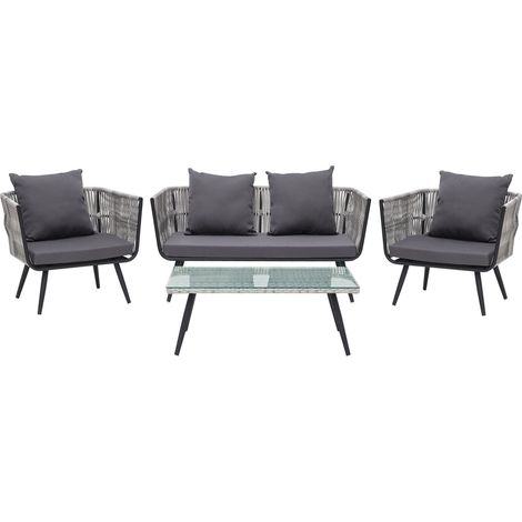 Conjunto de jardín de ratán sintético gris para 4 personas con mesa de centro y cojines Ragusa (1/5)