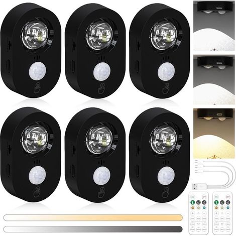 Lot de 6 spots LED d'intérieur avec détecteur de mouvement - Rechargeable - Avec télécommande - Intensité variable - Sans fil - Pour cuisine, armoire, escalier, couloir - Noir (1/5)