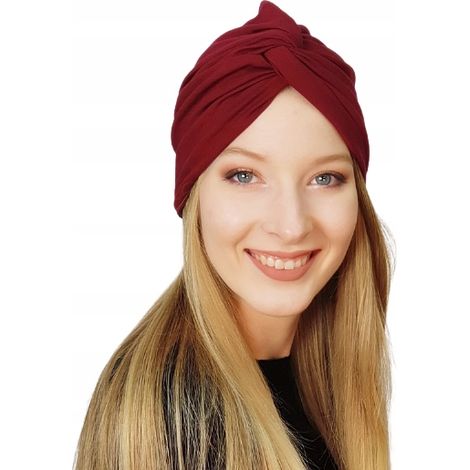 Turbante Flora BM-018, pañuelo para la cabeza confeccionado, color burdeos. (1/5)