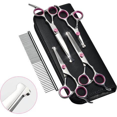 Kit de 6 ciseaux professionnels pour la coupe des poils de chien, comprenant peigne et chiffon de nettoyage. (1/5)