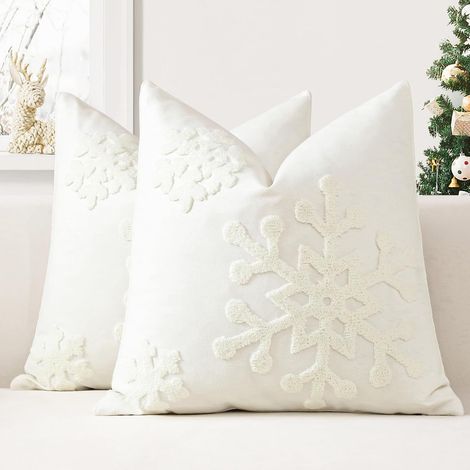JSSEVN - Set of 2 Christmas Decorative Snowflake Cushion Covers, 45 x 45 cm, Embroidered, Soft Pillowcases for Sofa (White) (1/5)