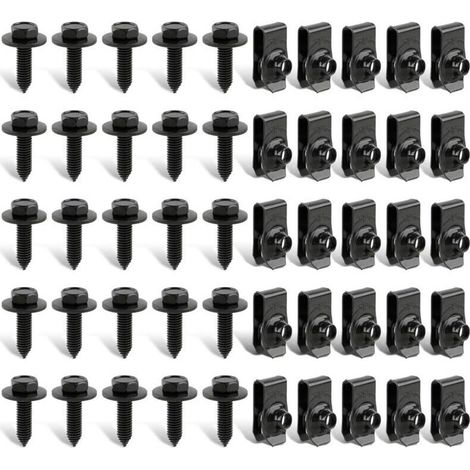 50 fixations de carrosserie automobile - 25 boulons et 25 clips en U pour garde-boue, capots et ailes