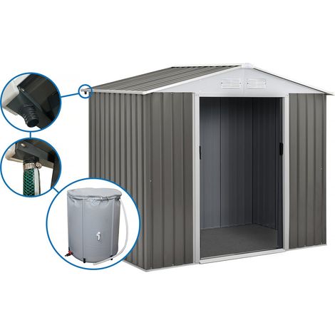 Abri jardin métal "Dallas" - 4.07 m² avec gouttière et récupérateur d'eau - Taupe (1/4)