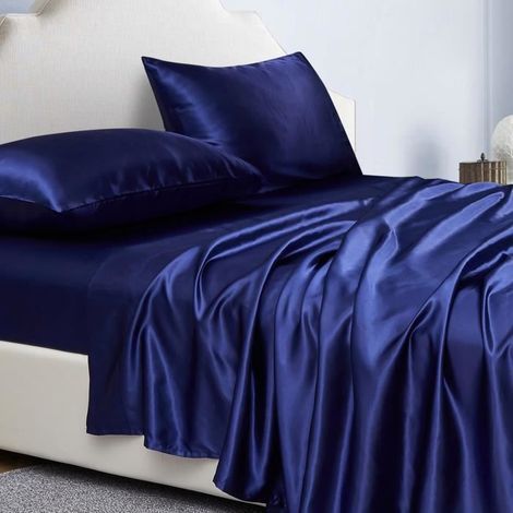 Parure de Lit Satin 4 Pièces Couleur Unie, Drap Housse 135x190x36 cm Grand Bonnet avec Drap Plat et 2 x Taie d\'Oreiller, Bleu Marin (1/4)