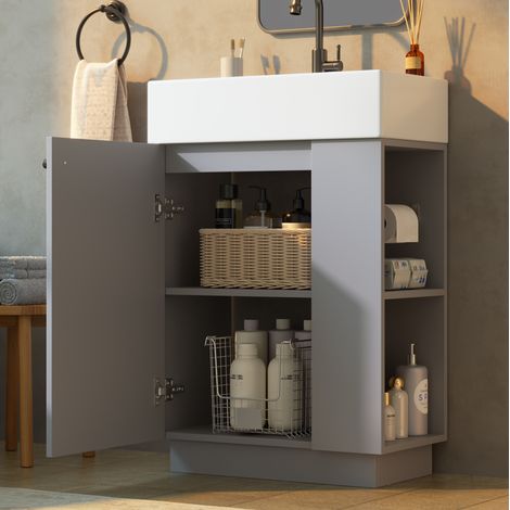 Mobile bagno da 55 cm con lavabo in ceramica, vano contenitore, anta con chiusura ammortizzata, in MDF grigio con texture ondulata. (1/5)