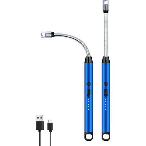 Lot de 2 briquets électriques coupe-vent sans flamme avec col flexible à 360° et affichage LED pour foyers de camping et barbecues, bleu. (1/5)