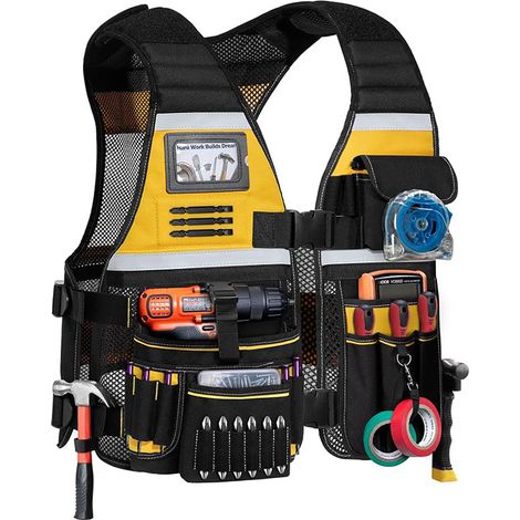 Gilet porte-outils pour électricien homme, gilet de sécurité, bandes réfléchissantes, poches multiples, bretelles rembourrées réglables (1/5)