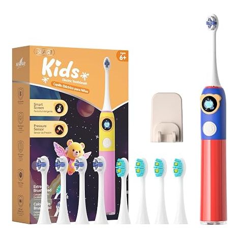 seago SG-2772 Children's Electric Toothbrush from 6 Years + LCD Screen Pressure Sensor Timer 2 Minutes Battery Life 80 Days 3 Modes 8 Customisable Self-Adhesive Heads Red (1/5)