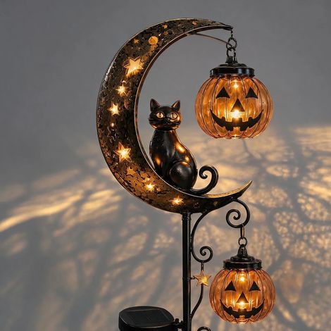 Halloween-Solarleuchte mit schwarzer Katze, integriertem Solarpanel und Kürbis-Mond-Erdspieß für Einfahrt, Rasen und Garten – für den Außenbereich