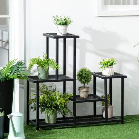 Outsunny Pflanzenregal mit 4 Regalen, wetterbeständig, Blumentreppe, 91 cm x 25 cm x 83 cm, Schwarz