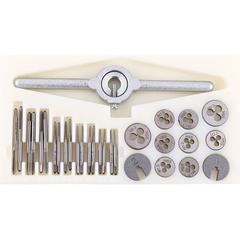 Kit de 30 tarauds, filières, clés et outils manuels pour le filetage et le taraudage. (1/5)