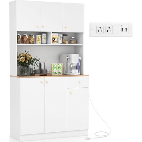 COSTWAY Buffet de Cuisine, Armoire Cuisine avec Prises, 4 Placards, Grand Tiroir, Station de Recharge, Vaisselier, Buffet Cuisine Rangement,100x40x181CM, Buffet Haut pour Salon, Salle à Manger (1/5)