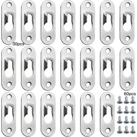 30 ganci a fessura - Ganci in metallo da 44 mm x 16 mm con 60 viti autofilettanti per decorazioni murali e fissaggio di mobili (1/5)