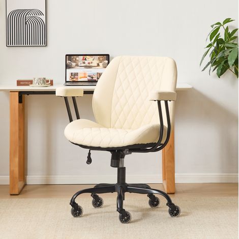 Silla de oficina ergonómica con ruedas, cuero blanco, 62 x 62 x 96 cm, OKWISH (1/5)