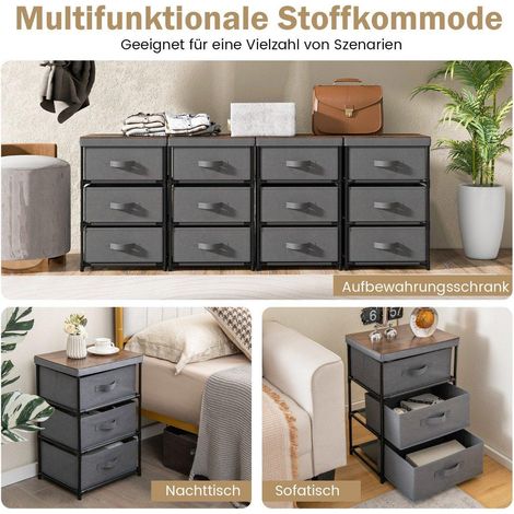 Nachttisch mit stoffschubladen beistelltisch mit metallrahmen grau 40 x 30 x 62 cm