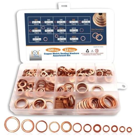 Lot de 320 joints en cuivre – Rondelles plates M5 M6 M8 M10 M12 M14 M16 M20 – Résistance à haute température 1083°C – Pour connexions électriques (1/5)