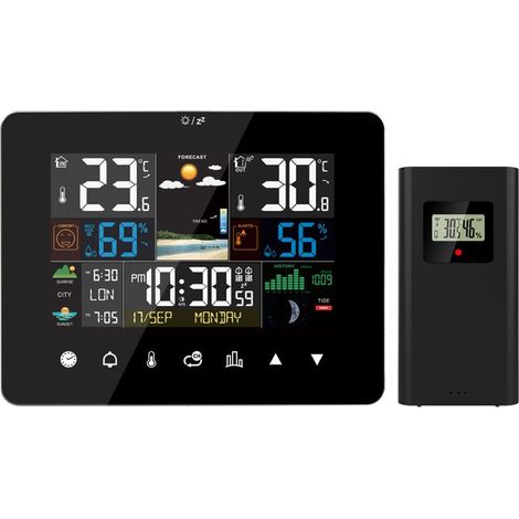 HSS-Station météo lever et coucher du soleil réveil multifonction thermomètre hygromètre fonctionnement à écran tactile avec capteur extérieur sans fil,Le noir (1/5)