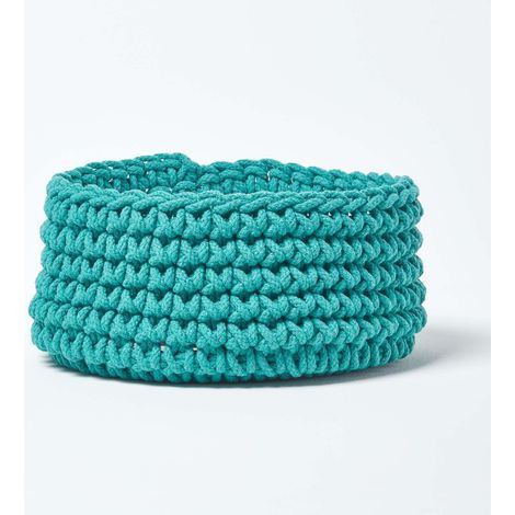 HOMESCAPES Petit Panier rond tressé en tricot Vert turquoise - 37 x 21 cm