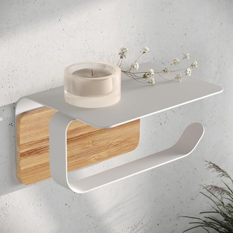 Porte-Rouleau de Papier Toilette Leif - avec Étagère - Fixation Murale & Auto-adhésif (sans Perçage) - Acier Inoxydable & Véritable Bois de Bambou - Support Papier Salle de Bain - Blanc Mat (1/5)