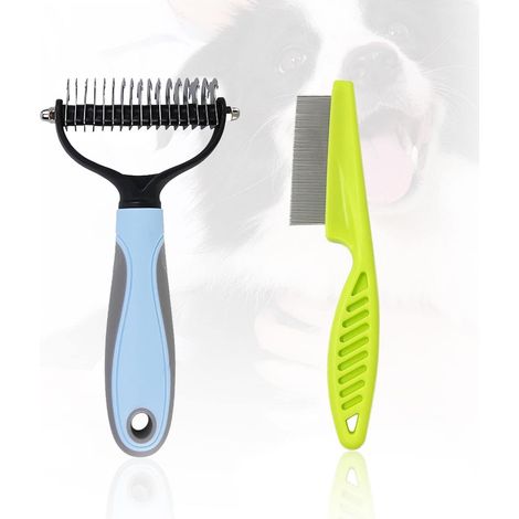 A pet grooming tool dematting comb for dogs, cats to remove loose undercoat for mats and matted hair and a green needle comb (1/5)