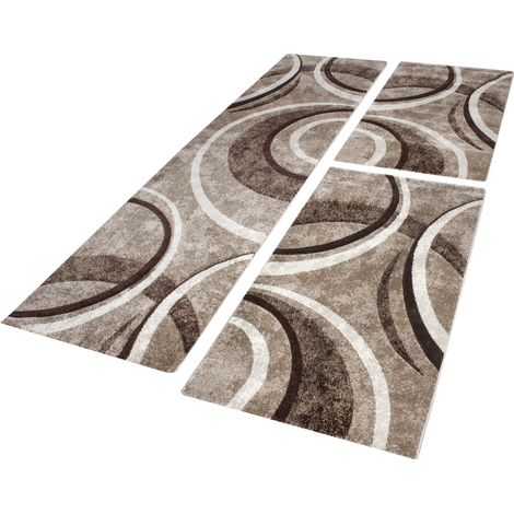Paco Home Bettumrandung Teppich Konturenschnitt Wellen Braun Beige Creme Läuferset 3 Tlg. 2mal 60x110 1mal 80x300