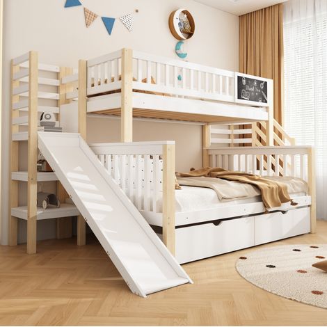Letto a castello bambini 90x200 cm e 140x200 cm con scala, scivolo e lavagna nera, in legno bianco, materasso non incluso (1/5)