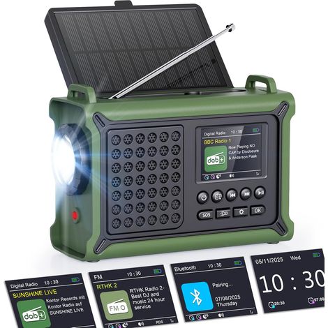 Radio d'urgence Solaire 12000mAh avec Bluetooth, Radio Numérique Portable Dab+/Dab/FM avec Manivelle 650mA et Panneau Solaire 8500mm², Écran Couleur 2,4", 80 Stations, Lampe LED, USB, SOS, IPX6