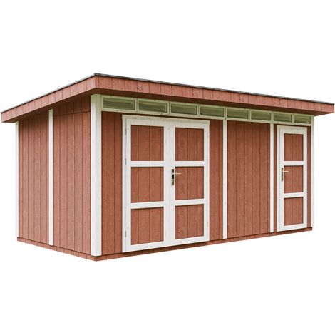 Abri de Jardin Qualité Premium 8.52+2.95 m² - Kit tout compris avec sol, tuiles bitumineuses, set de peinture-LP Smartside Timbela M905C REDWOOD RED (1/5)