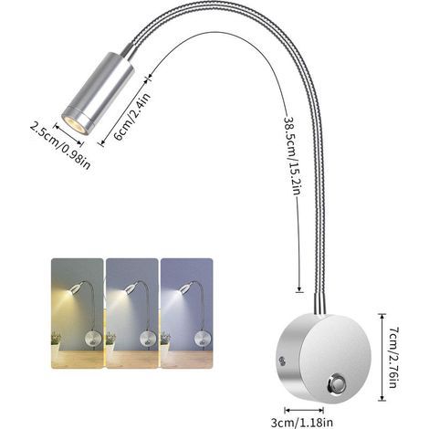 Lampe murale de lecture flexible 3 W – tête cylindrique réglable, design minimaliste argenté pour chevet, chambre, hôtel ou intérieur moderne