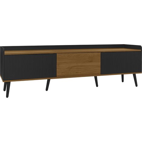 Meuble TV, table TV, support TV, buffet bas à trois portes. Structure compacte. Finition noire et bois naturel. Hauteur 49,5 cm / longueur 160 cm / largeur 39 cm (1/5)