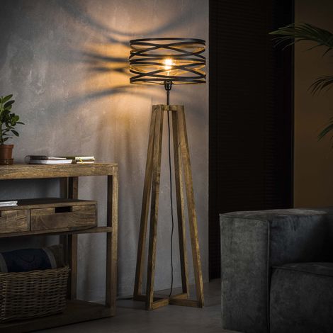 M&S – Lampadaire trépied métal et bois – Abat-jour gris ardoise – Hauteur 141 cm – Ampoule LED incluse