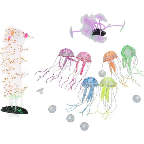 Lot de 8 décorations lumineuses pour aquarium : plantes artificielles en silicone, méduses et coraux. (1/3)