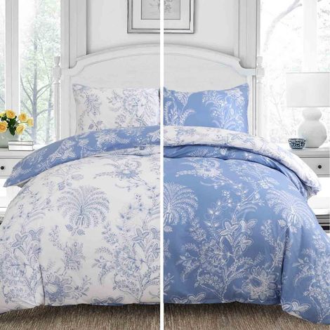 Housse de Couette Queen Size 3 pièces réversible Ferme Botanique Floral Imprimé Housse de Couette en Microfibre Douce et légère Bleu Clair et Blanc (1/5)
