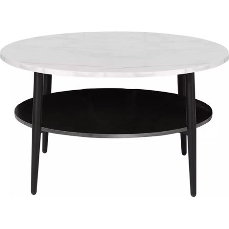 Table basse moderne blanc finition marbre et noir double plateau 80 cm MARBRIA