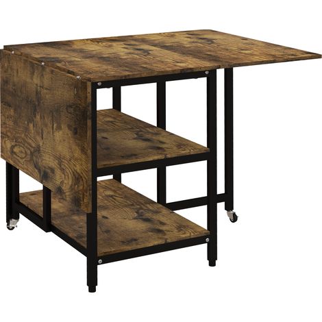 Table à manger pliante avec roulettes, 140x80 cm, 2 à 6 personnes, 2 étagères, brun rustique en acier (1/5)