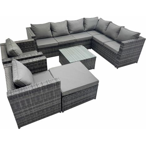 Fimous Outdoor PE Rattan Garden Furniture Sofa Set with Square Coffee Table Big Stool 2 Chair Dark Grey (1/5)
