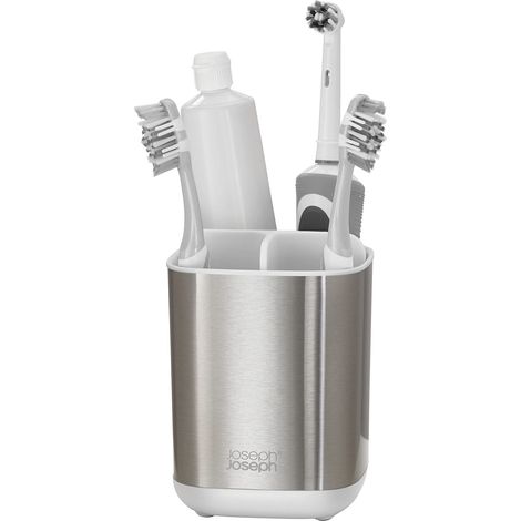 Joseph Joseph EasyStore- Porta Spazzolino e Dentifricio, Compatibile con Spazzolini Elettrici e Tradizionali, 3 Scomparti, Contenitore da Bagno Smontabile- Medio, Acciaio Inox (1/5)