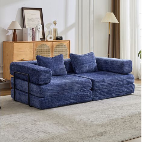 Sofá cama plegable de suelo para 2 plazas 200x100x63 cm en chenilla azul oscuro OKWISH (1/5)