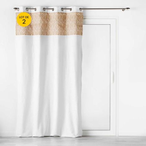 Lot de 2 Rideaux à oeillets 140 x 240 cm polycoton + jute imprimée Kalinda Blanc (1/4)