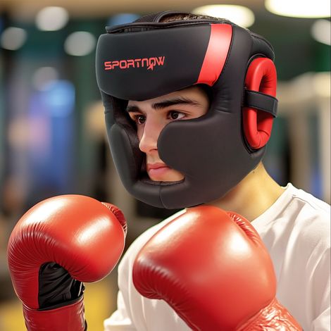 Casque Boxe Mma Sangle Réglable Grappling Sparring Arts Martiaux Karaté Rouge Noir (1/4)