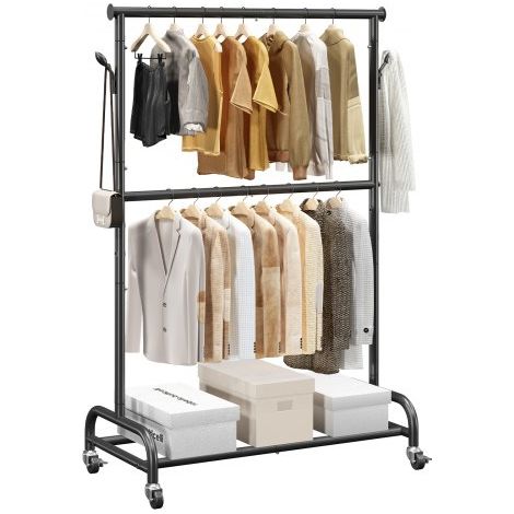 Perchero Burro para Ropa con Barra Transversal y Ganchos Laterales, Burro de Ropa con Ruedas, Carga de 68 kg, de Acero al Carbono, para Dormitorio, Lavandería, Sala de Estar, 106,5x195,5 cm (1/5)