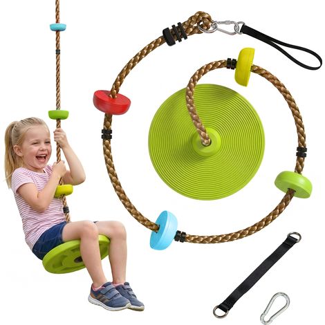 Balançoire à cordes grimpantes avec plateforme et siège disque, aire de jeux extérieure pour enfants de 3 à 8 ans, verte.