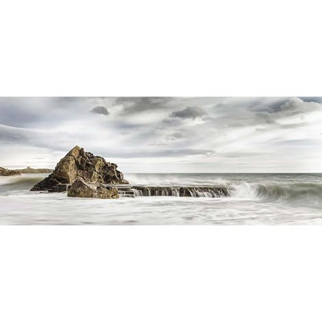 Tableau décoratif blanc et marron pour salon | Tableau sur toile mer et rocher | Tableau paysage nuages et vagues pour salle de bain 1,0 x 0,4 m (1/2)